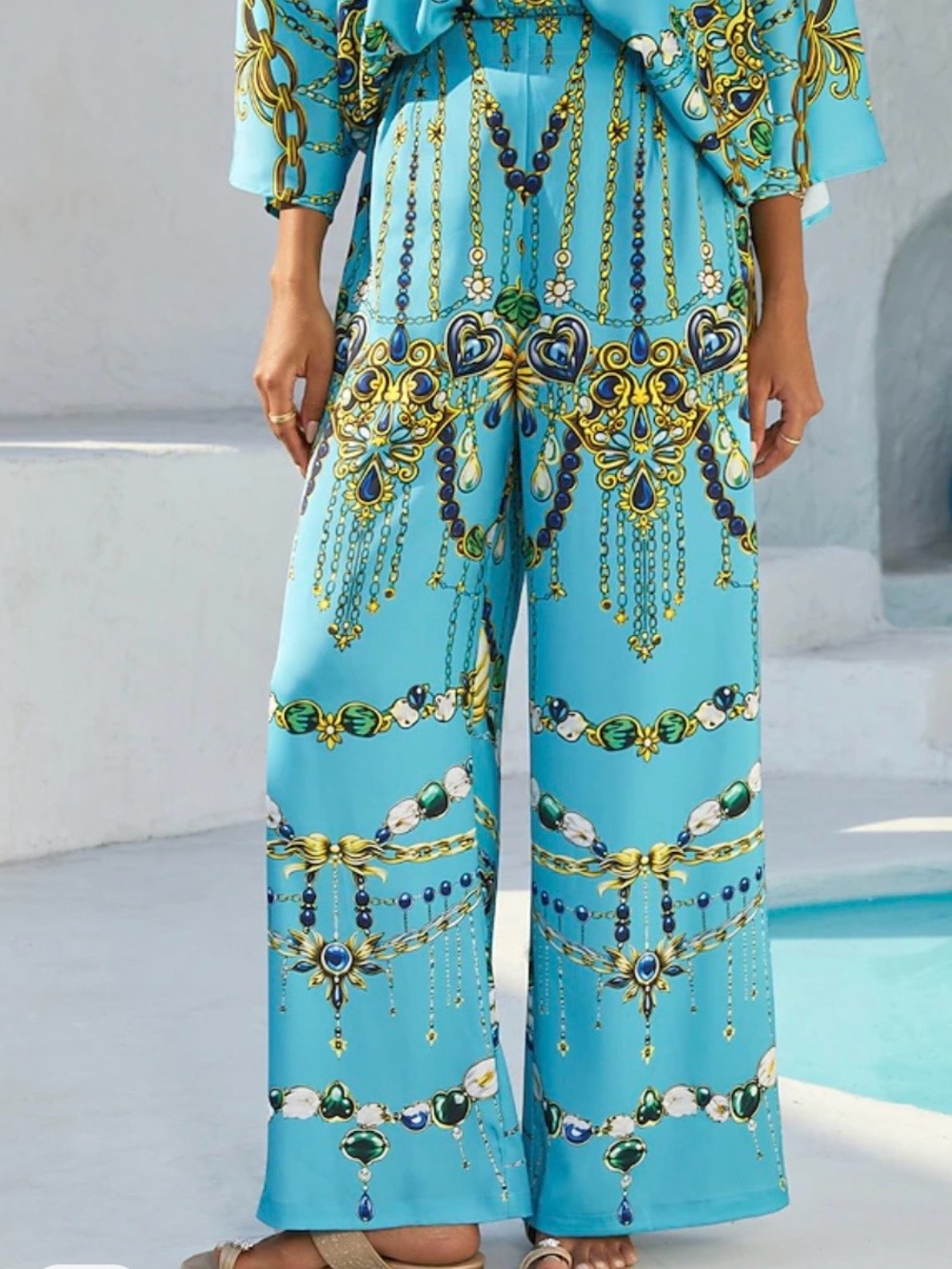 Ador Emerald Empress Silky Satin Elastic Waist Wide Leg Pants Sz L
